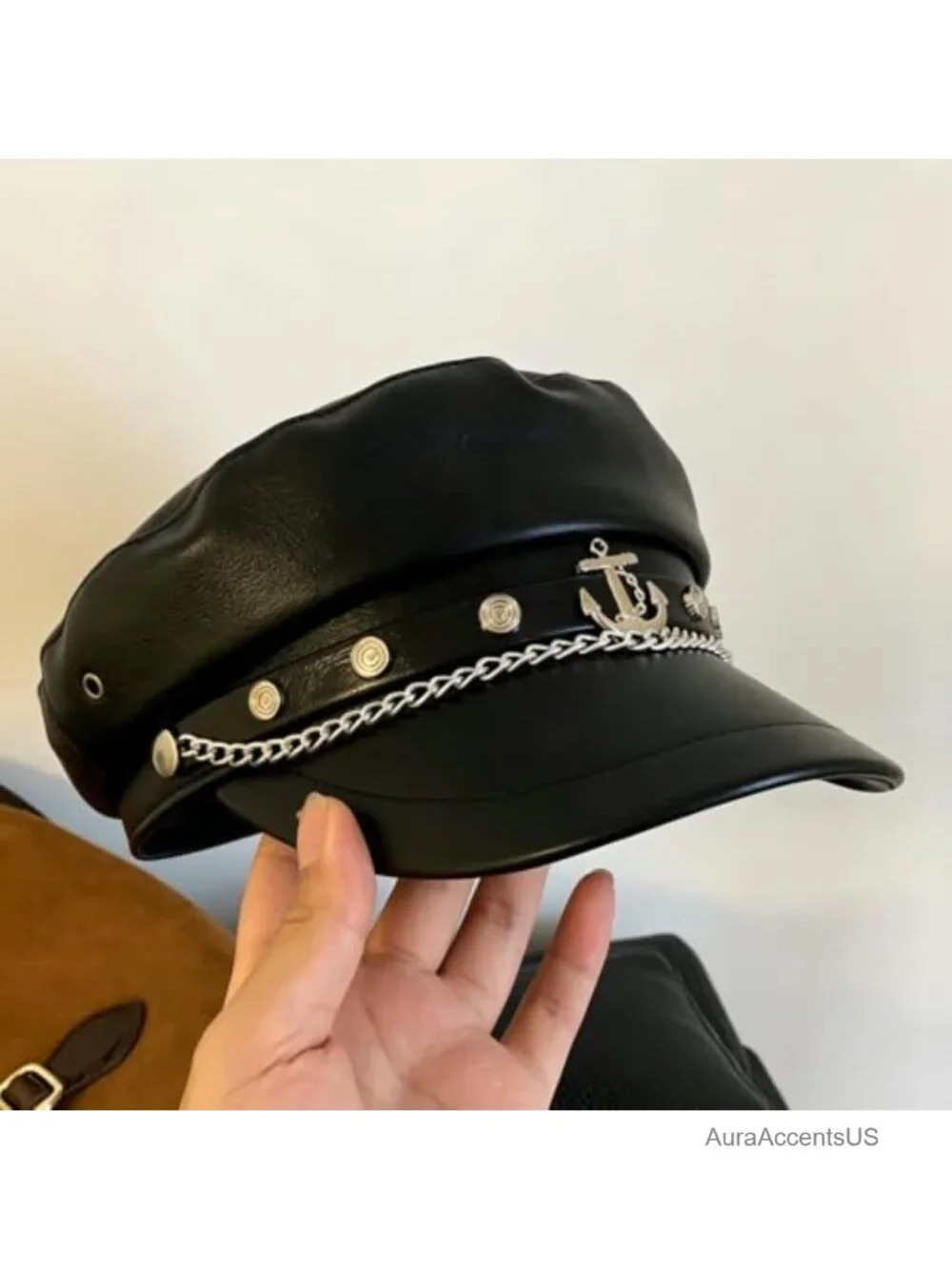 PU Leather Newsboy Hat Baker Boy Biker Cap with Chain Anchor Detail
